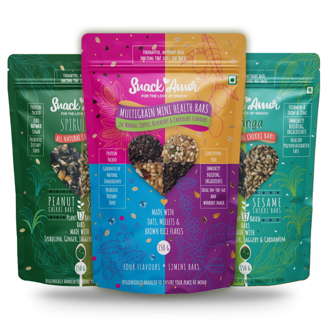 SnackAmor Healthy Protein Bites - 450g - Spirulina Chikki | Moringa Chikki | Multigrain Bites - Snack Amor