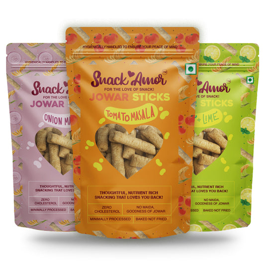 SnackAmor Jowar Sticks Combo(Pack of 3x50gm)- 150gm Onion Masala | Tomato Masala | Mint and Lime - Snack Amor