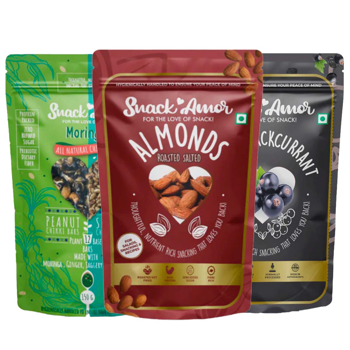 SnackAmor Combo Pack of Roasted Salted Almonds(170g) | Moringa Chikki (100g) | BlackCurrant (100g) | Healthy Combo Pack | High Protein & Fibre Snacks (Almond + Black currant + Moringa)… - Snack Amor