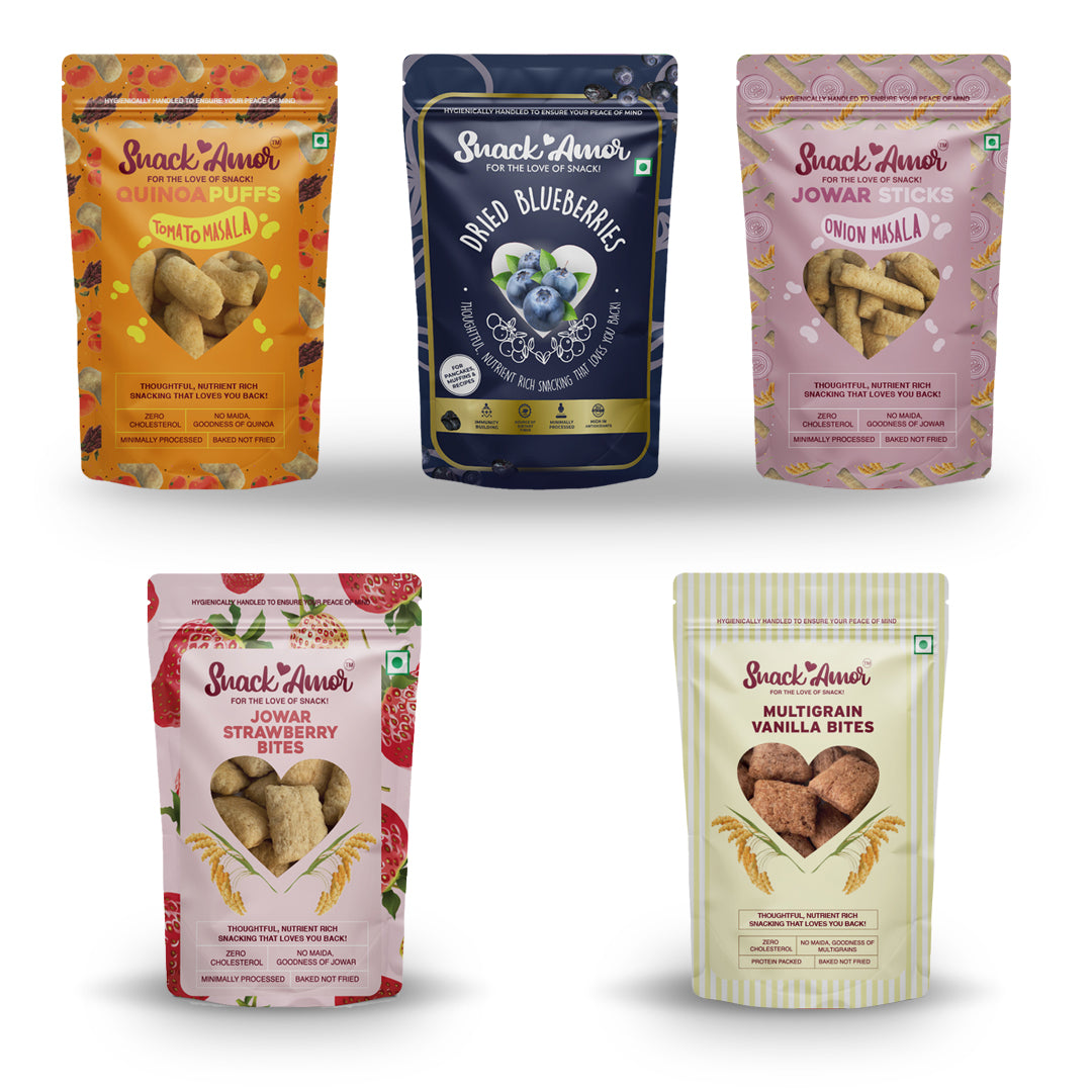 SnackAmor On The Go Blueberry Blast (Pack of 5 - 400g) - Blueberry | Quinoa puffs | Jowar sticks | Strawberry Bites | Vanilla Bites - Snack Amor