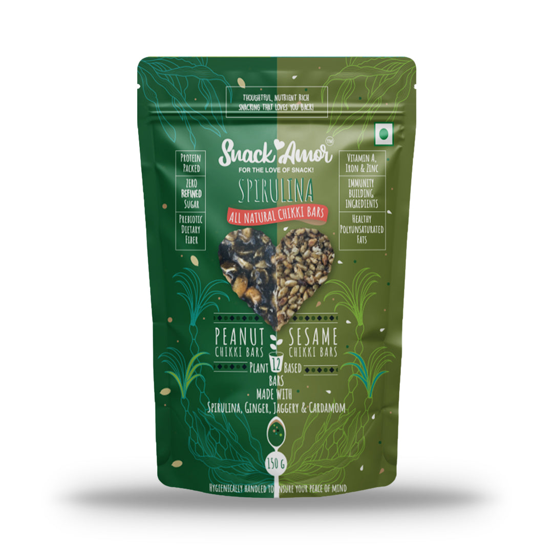 Spirulina Chikki Bars 150g (12 Bars, Peanut and Seasame Flavors) - Snack Amor