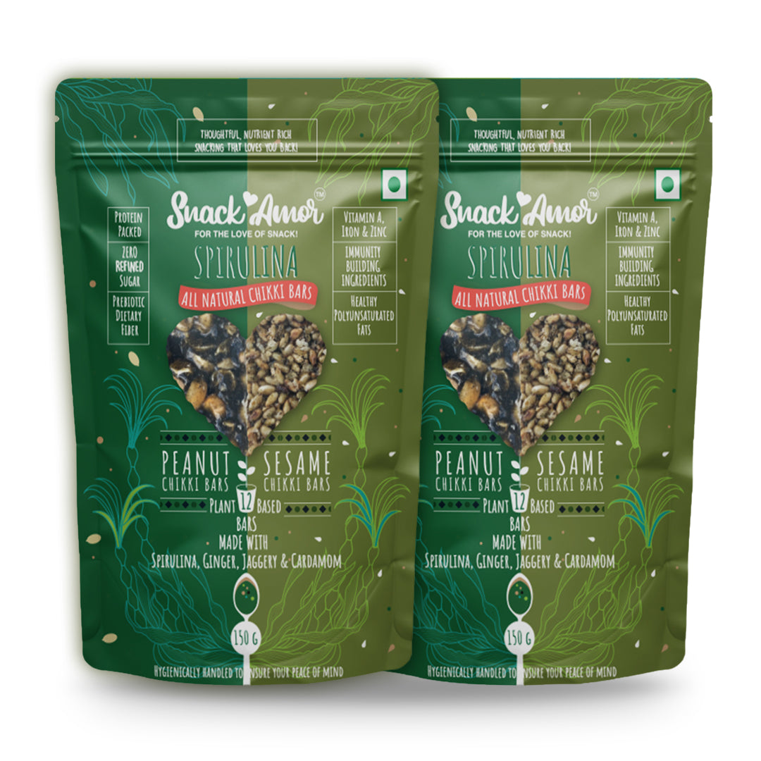 Spirulina Chikki Bars 150g (12 Bars, Peanut and Seasame Flavors) - Snack Amor
