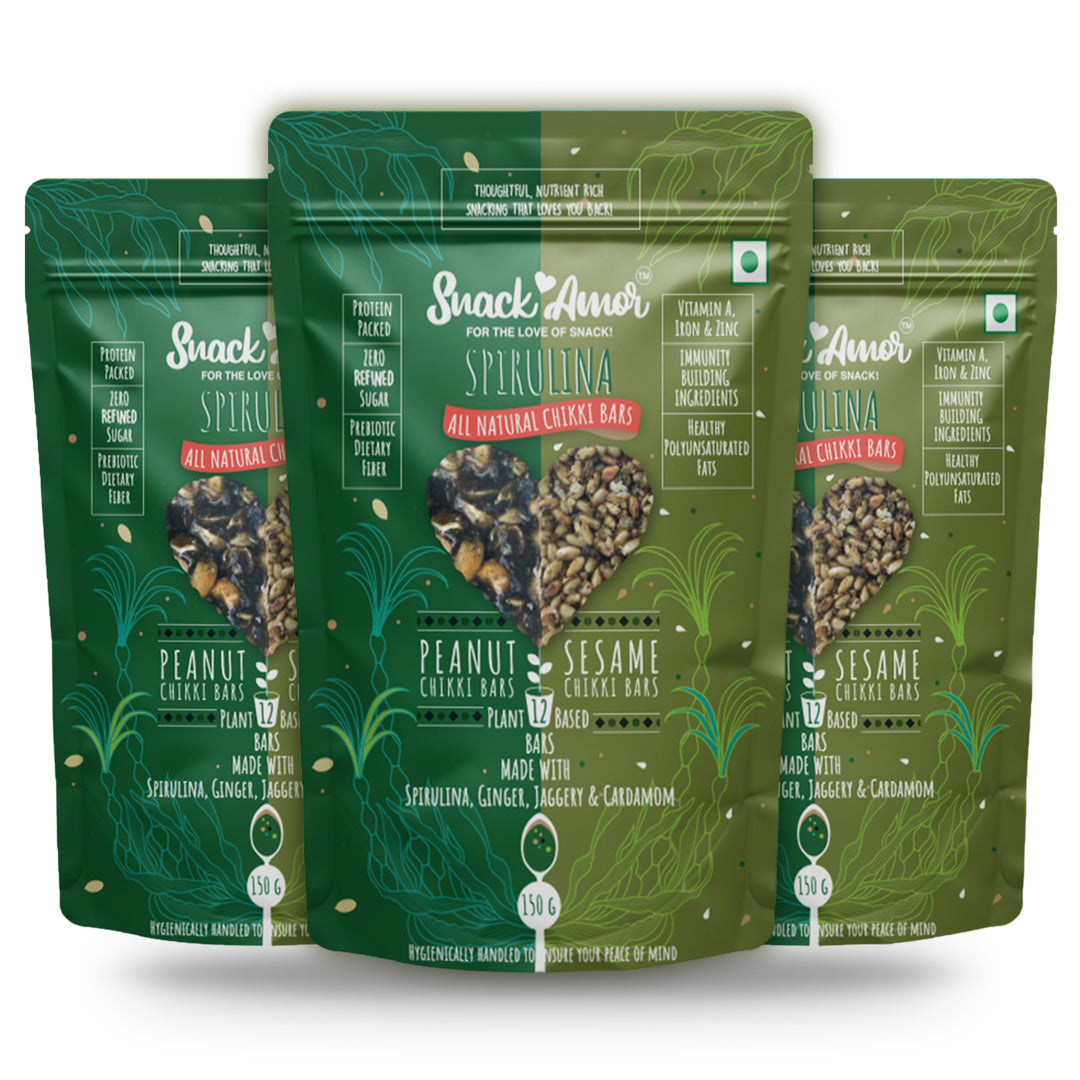 Spirulina Chikki Bars 150g (12 Bars, Peanut and Seasame Flavors) - Snack Amor