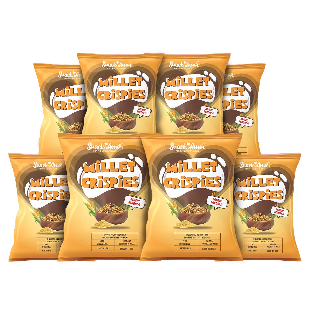 Millet Crispies- Zesty, Nutritious Magic Masala Value Pack of 8 (27g each) - Snack Amor