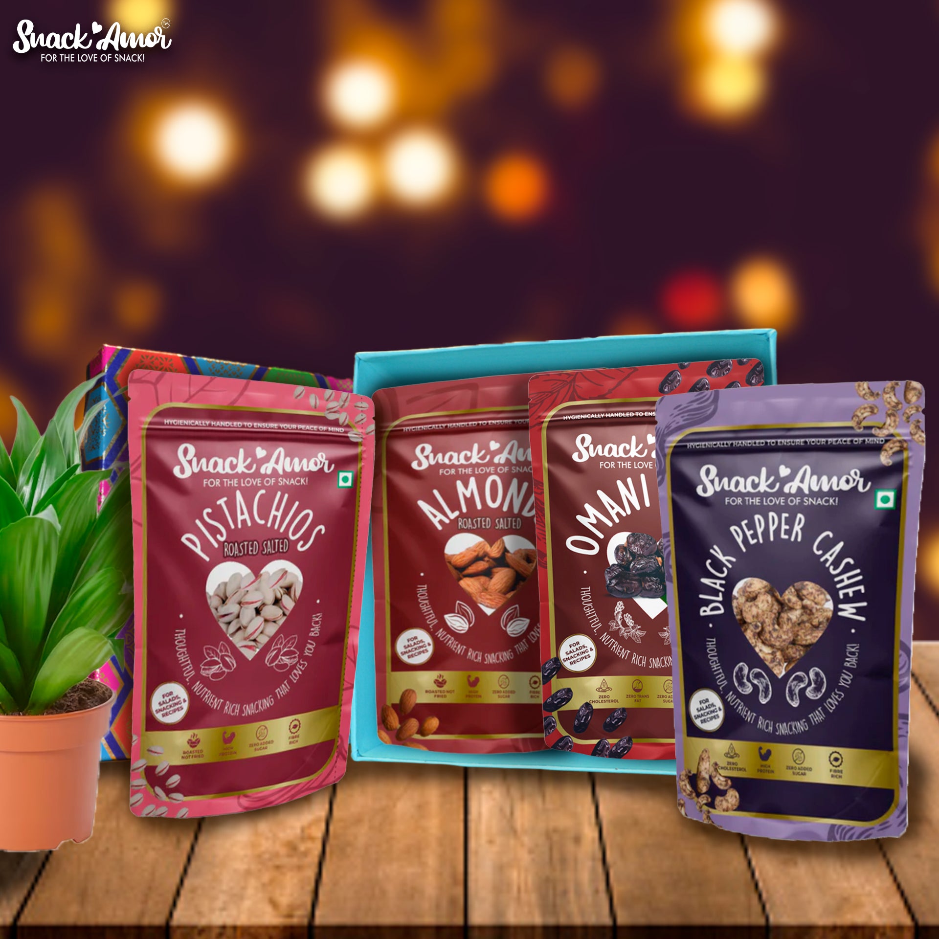 SnackAmor Gift Hamper - Roasted Salted Pistachios (170g), Roasted Salted Almonds (170g), Omani Dates (250g), Black Pepper Cashew (170g) - Snack Amor