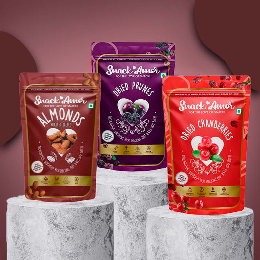 SnackAmor Combo Pack of Premium International Sliced Cranberry 175g, Prunes 200g and Roasted Salted Almond 170g - Snack Amor
