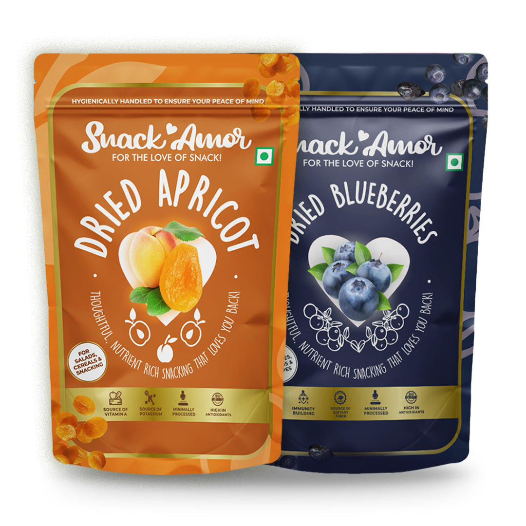 SnackAmor Premium International Combo pack of Dried Apricots - 200g & Dried Blueberry - 100g Pack of 2 - Snack Amor