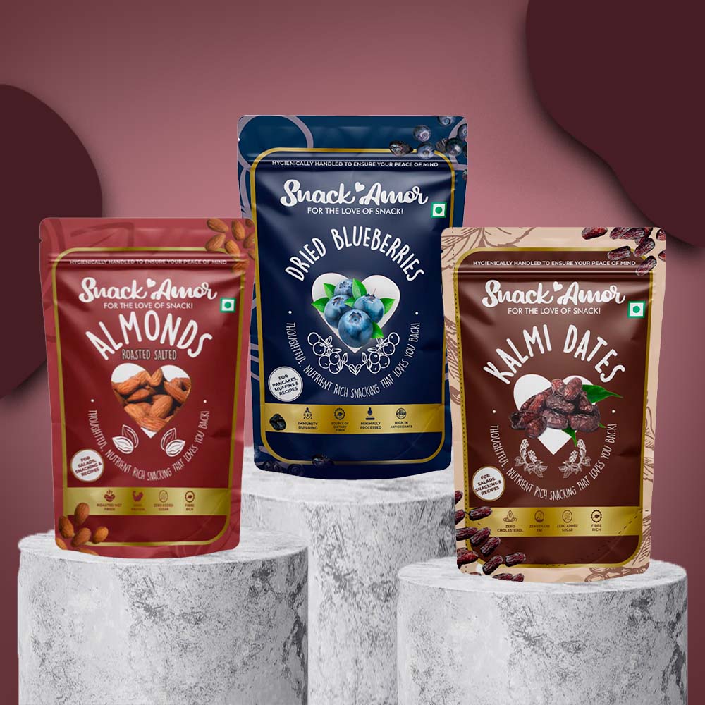 SnackAmor Combo Pack of International Kalmi Dates, Blueberry & Roasted Salted Almonds - Snack Amor