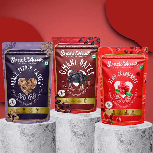 SnackAmor Combo Pack of Premium International Omani Dates 250g, Black Pepper Cashew 170g& Dried Cranberries 175g - Snack Amor