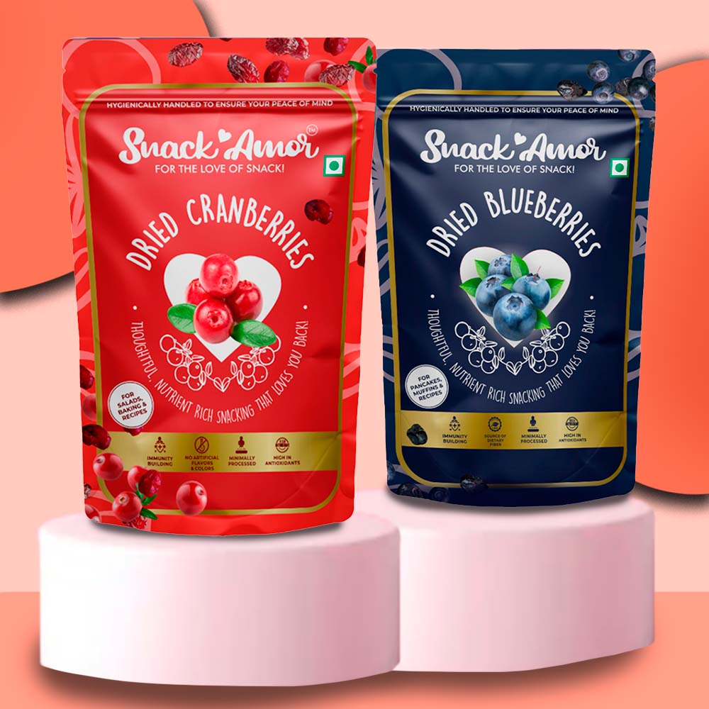 SnackAmor Combo Pack of Premium Dried Cranberry 175g & Dried Blueberry 100g (Pack of 2) - Snack Amor