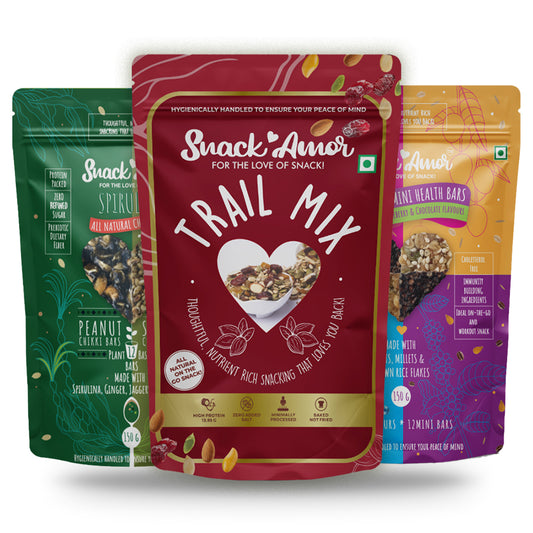 SnackAmor Fitness Buddy Pack (Pack of 3) - Trail Mix | Multigrain Health Bites | Spirulina Chikki - Snack Amor