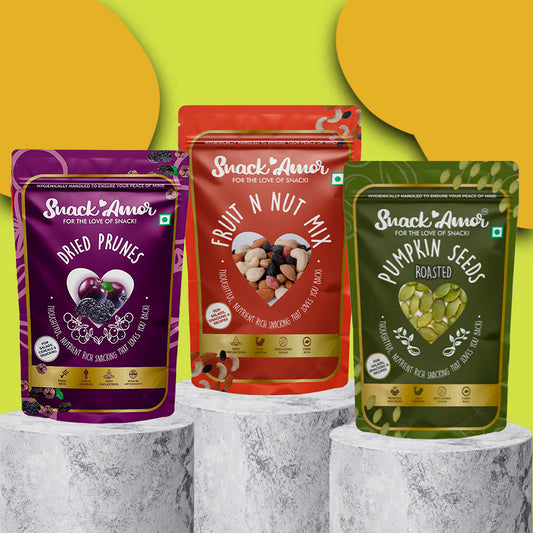 SnackAmor Combo Pack of Premium Fruit N Nut Mix, Roasted Pumpkin Seeds & Dried Prunes (200g each) - Snack Amor
