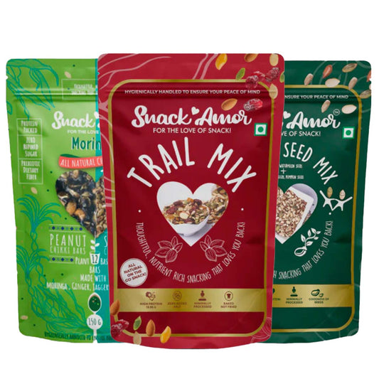 SnackAmor Combo Pack of Trail Mix (175g) | Moringa Chikki (100g) | Healthy Seed Mix ( 175g) | Healthy Combo Pack | High Protein & Fibre Snacks (Trail Mix + Seed Mix + Moringa)… - Snack Amor