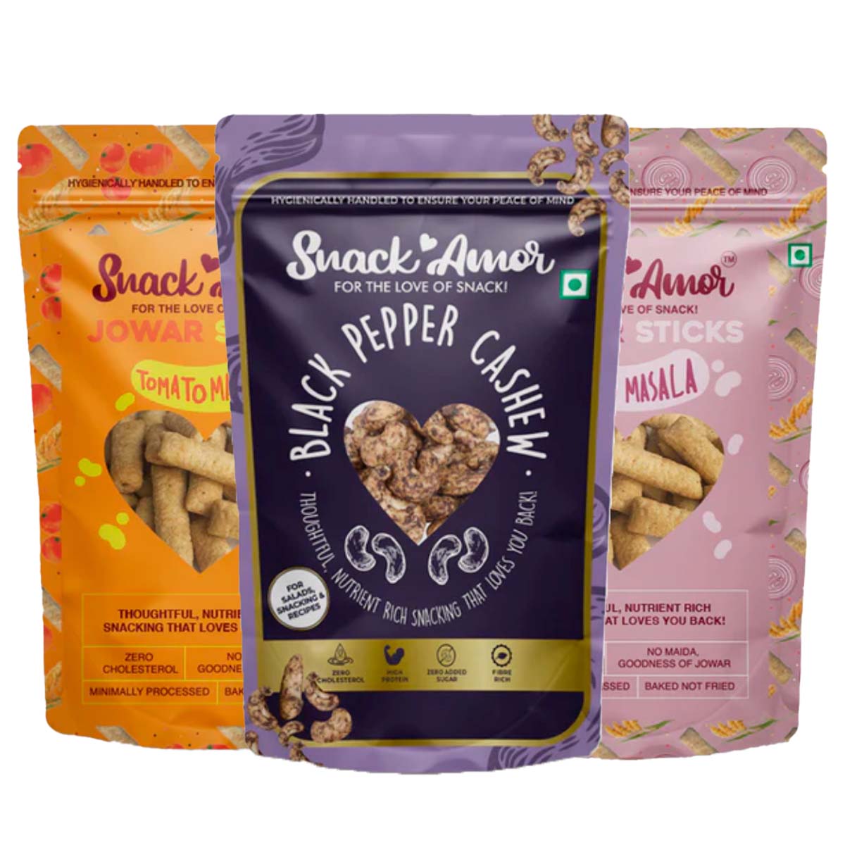 SnackAmor Combo Pack of Black Pepper Cashew (170g) | Jowar Sticks (50g) | Jowar Sticks Mix ( 50g) | Healthy Combo Pack | High Protein & Fibre Snacks (Cashew + Jowar Sticks + Jowar Sticks)… - Snack Amor