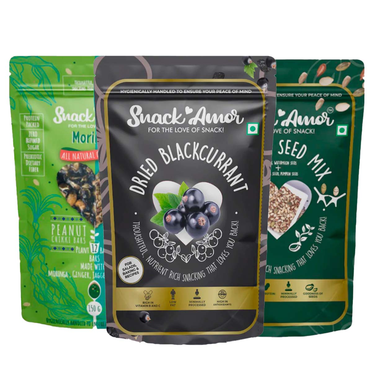 SnackAmor Combo Pack of Black Currant (100g) | Moringa Chikki (100g) | Healthy Seed Mix ( 175g) | Healthy Combo Pack | High Protein & Fibre Snacks (Black currant + Seed Mix + Moringa)… - Snack Amor
