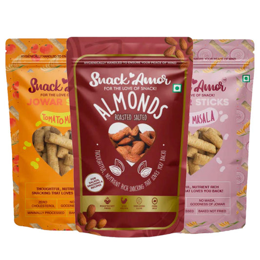 SnackAmor Combo Pack of Roasted Salted Almonds (170g) | Jowar Sticks (50g) | Jowar Sticks (50g) | Healthy Combo Pack | High Protein & Fibre Snacks (Almonds + Jowar Sticks + Jowar Sticks)… - Snack Amor
