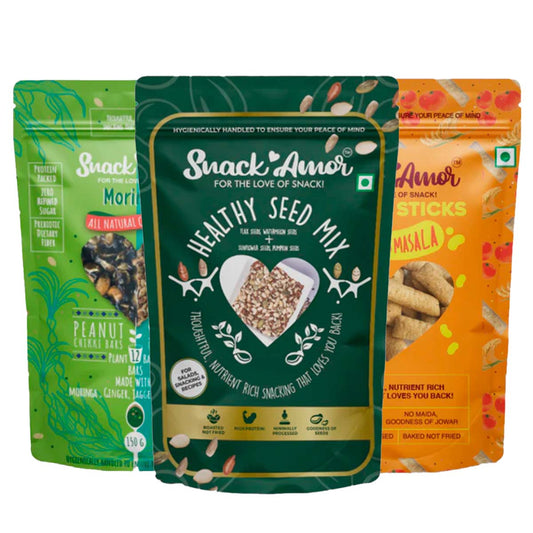 SnackAmor Combo Pack of Jowar Sticks (50g) | Moringa Chikki (100g) | Healthy Seed Mix ( 175g) | Healthy Combo Pack | High Protein & Fibre Snacks (Seed Mix + Moringa +Jowar Sticks)… - Snack Amor
