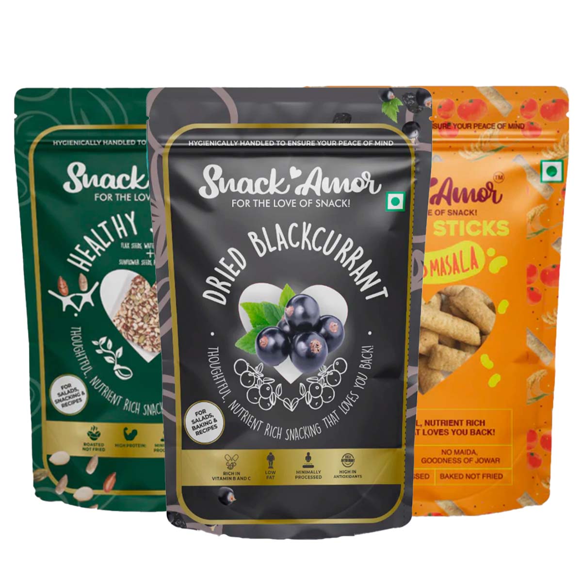 SnackAmor Combo Pack of Black Currant (100g) | Jowaar Sticks (50g) | Healthy Seed Mix ( 175g) | Healthy Combo Pack | High Protein & Fibre Snacks (Cashew + Moringa + Seed Mix)… - Snack Amor