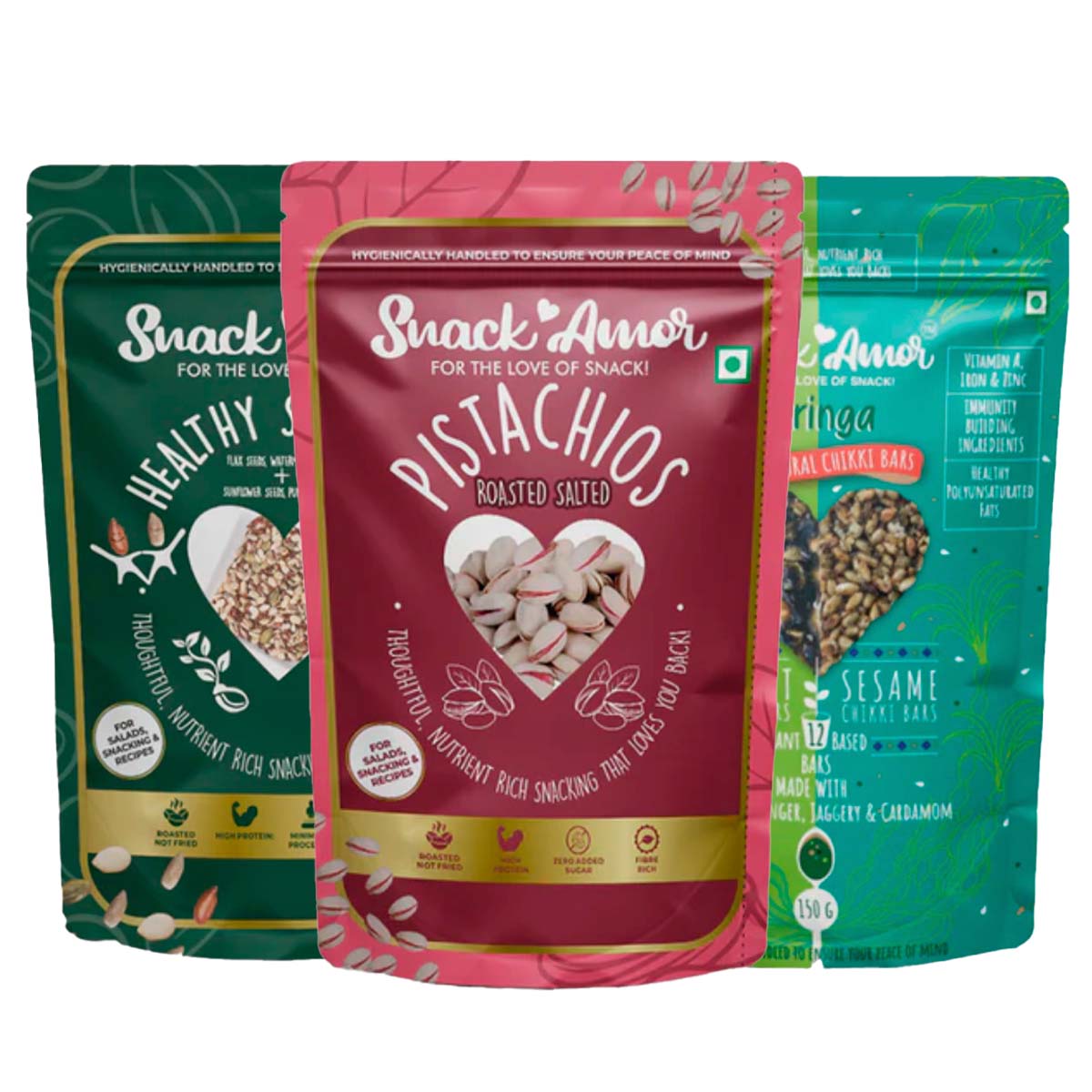 SnackAmor Combo Pack of Roasted Salted Pistachios (170g) | Moringa Chikki (100g) | Healthy Seed Mix ( 175g) | Healthy Combo Pack | High Protein & Fibre Snacks (Pista + Moringa + Seed Mix)) - Snack Amor