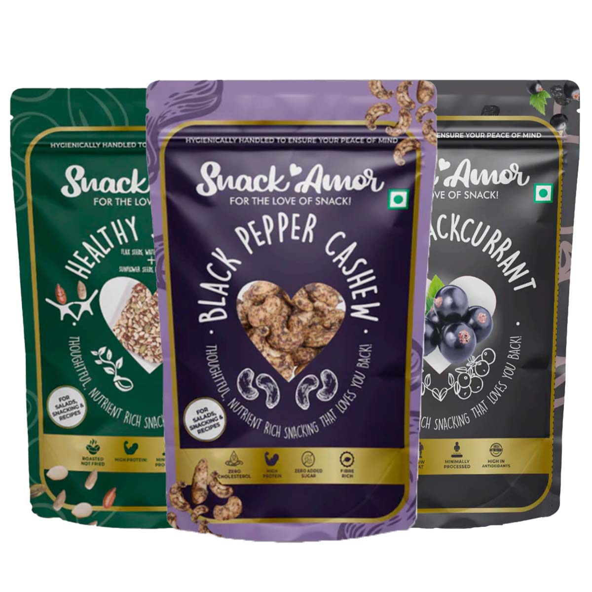 SnackAmor Combo Pack of Black Pepper Cashew (170g) | Black Currant (100g) | Healthy Seed Mix ( 175g) | Healthy Combo Pack | High Protein & Fibre Snacks (Cashew + Seed Mix + Black Currant)… - Snack Amor