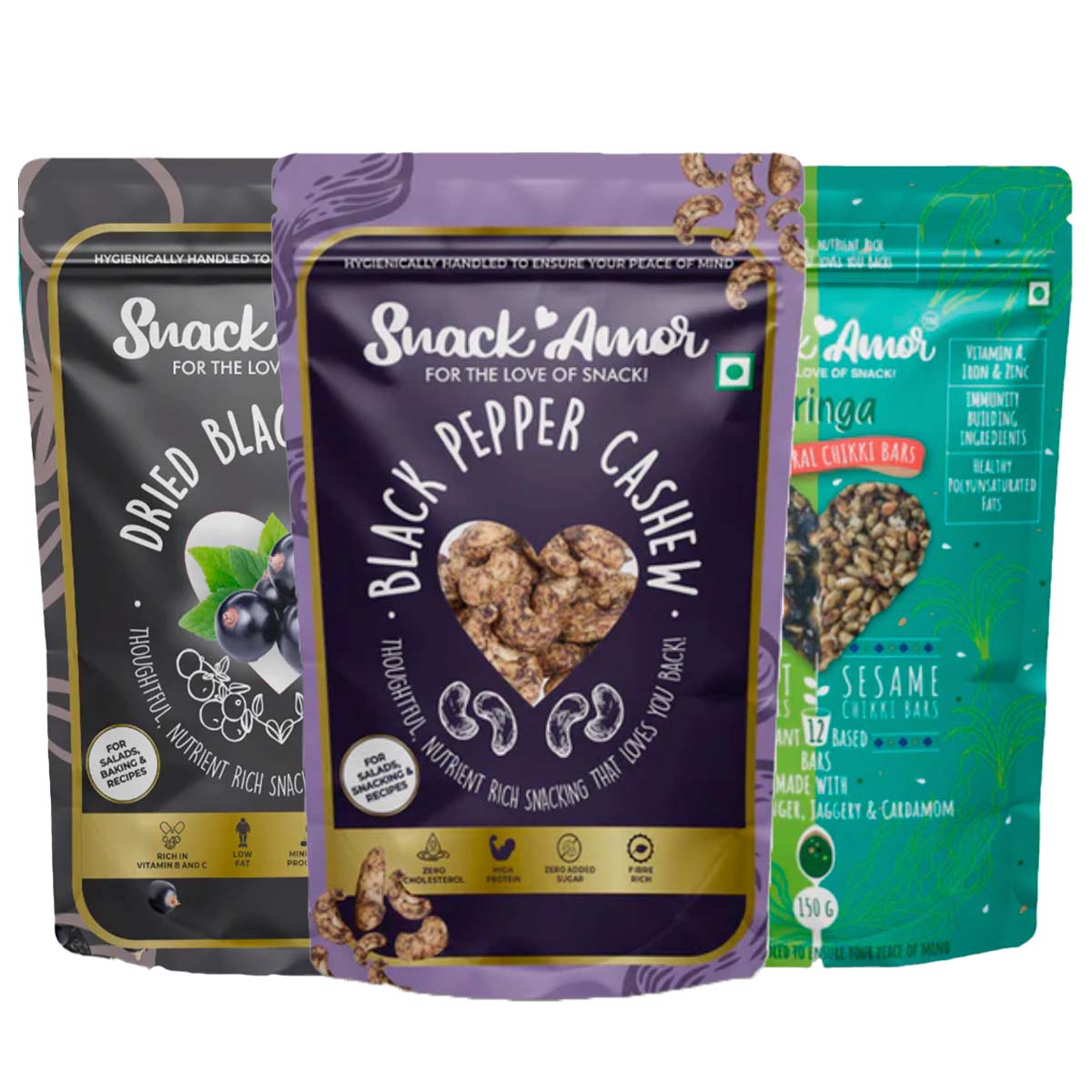 SnackAmor Combo Pack of Black Pepper Cashew (170g) | Moringa Chikki (100g) | Black Currant (175g) | Healthy Combo Pack | High Protein & Fibre Snacks (Cashew + Black Currant + Moringa)… - Snack Amor