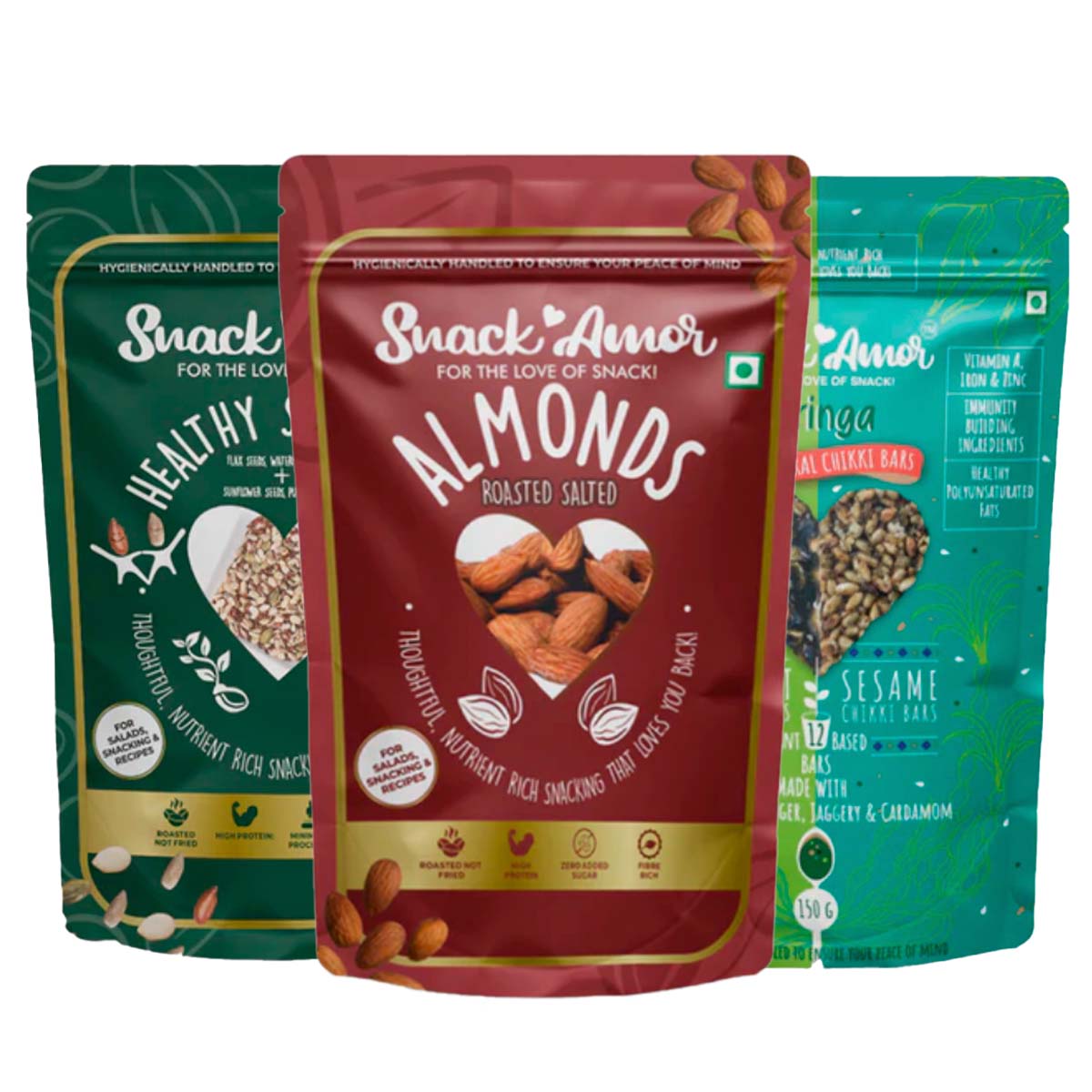 SnackAmor Combo Pack of Roasted Salted Almonds (170g) | Moringa Chikki (100g) | Healthy Seed Mix ( 175g) | Healthy Combo Pack | High Protein & Fibre Snacks (Almond + Moringa + Seed Mix)… - Snack Amor