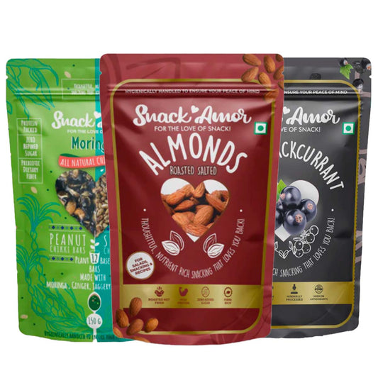 SnackAmor Combo Pack of Roasted Salted Almonds(170g) | Moringa Chikki (100g) | BlackCurrant (100g) | Healthy Combo Pack | High Protein & Fibre Snacks (Almond + Black currant + Moringa)… - Snack Amor
