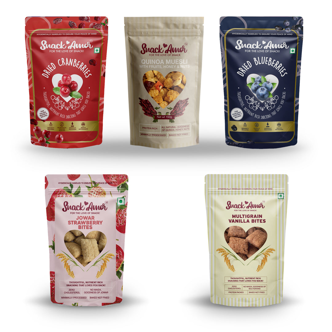 SnackAmor Mom and Kids Delight (Pack of 5 - 600g) - Cranberry | Blueberry | Muesli | Strawberry Bites | Vanilla Bites - Snack Amor