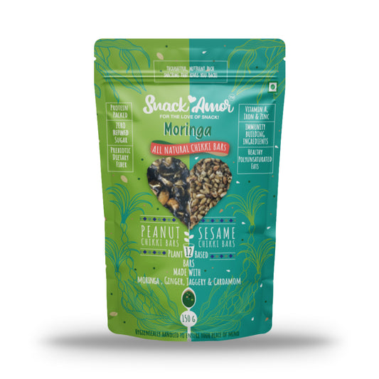 SnackAmor Moringa Chikki Bars - (150g Each) | 12 Bars | Peanut & Sesame Flavours - Snack Amor