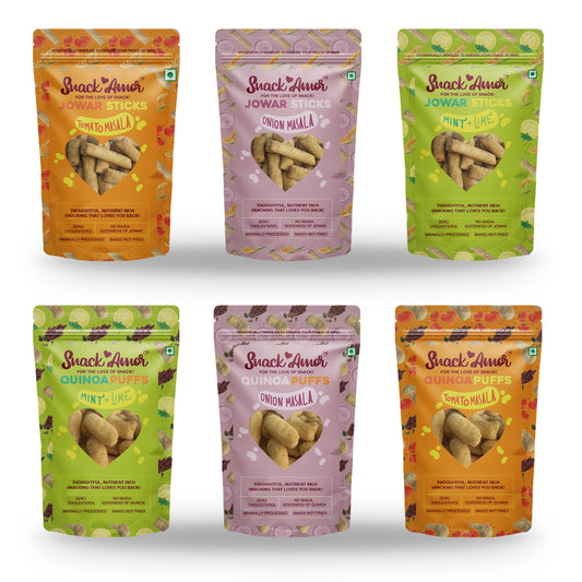 SnackAmor Netflix Buddy (Pack of 6 - 300g) - 3 Packs of Jowar Sticks | 3 Packs of Quinoa Puffs - Snack Amor