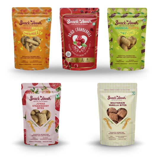 SnackAmor On The Go Cranberry Blast (Pack of 5 - 400g) - Cranberry  | Quinoa puffs | Jowar sticks | Strawberry Bites | Vanilla Bites - Snack Amor