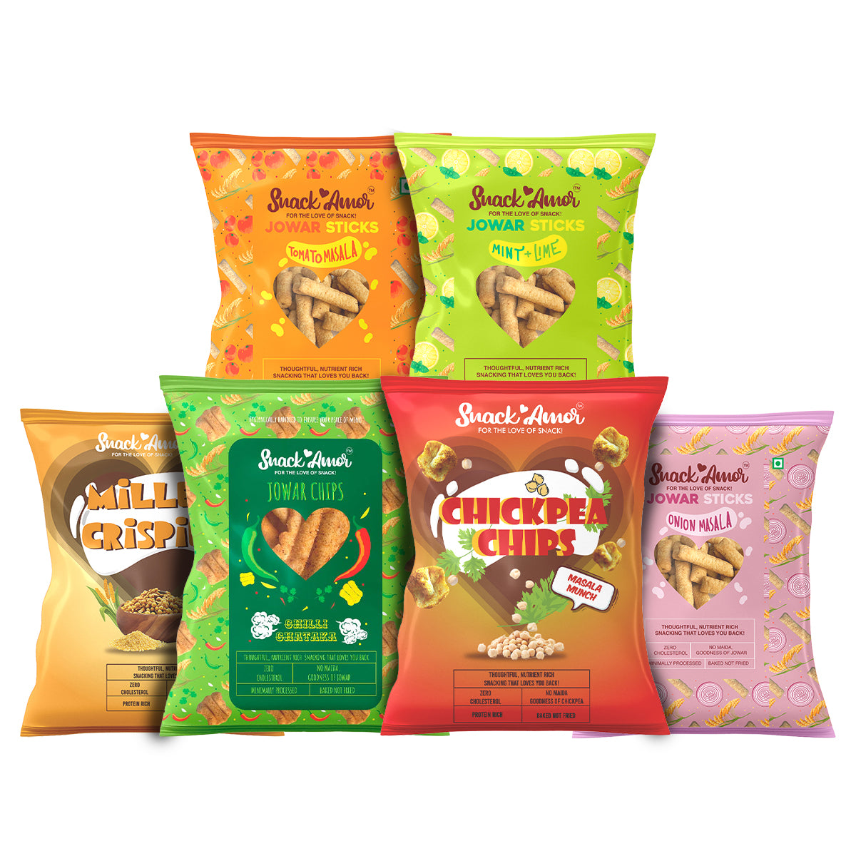 SnackAmor Combo Picnic Value Pack of 6 - Nutritious Jowar Chips, Millet Crispies, Chickpea Chips, Jowar mint n Lime, Onion Masala and Tomato sticks (1 each) - Snack Amor