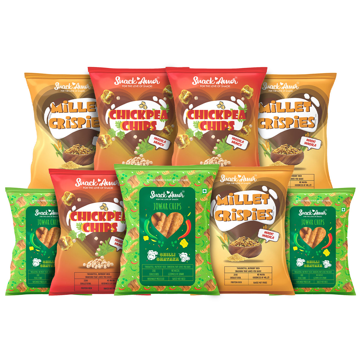 SnackAmor Combo Value pack of 9 - Nutritious Jowar Chips, Millet Crispies and Chick Pea Chips (pack of 3 each) - Snack Amor