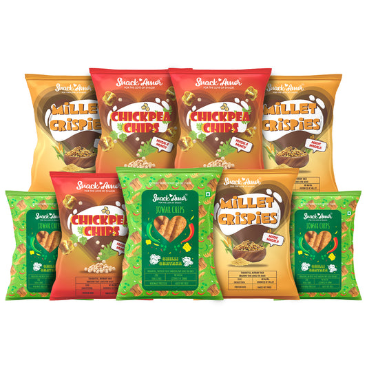 SnackAmor Combo Value pack of 9 - Nutritious Jowar Chips, Millet Crispies and Chick Pea Chips (pack of 3 each) - Snack Amor