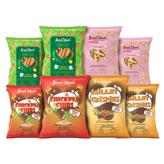 SnackAmor Chai Time Combo Value pack of 8- Jowar Chips, Onion Stick, Millet Crispies, Chick Pea Chips(pack of 2 each) - Snack Amor