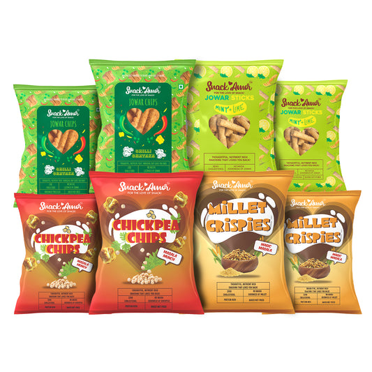 SnackAmor Chai Time Combo Value pack of 8 - Jowar Chips, Mint Lime, Millet Crispies, Chick Pea Chips (pack of 2 each) - Snack Amor