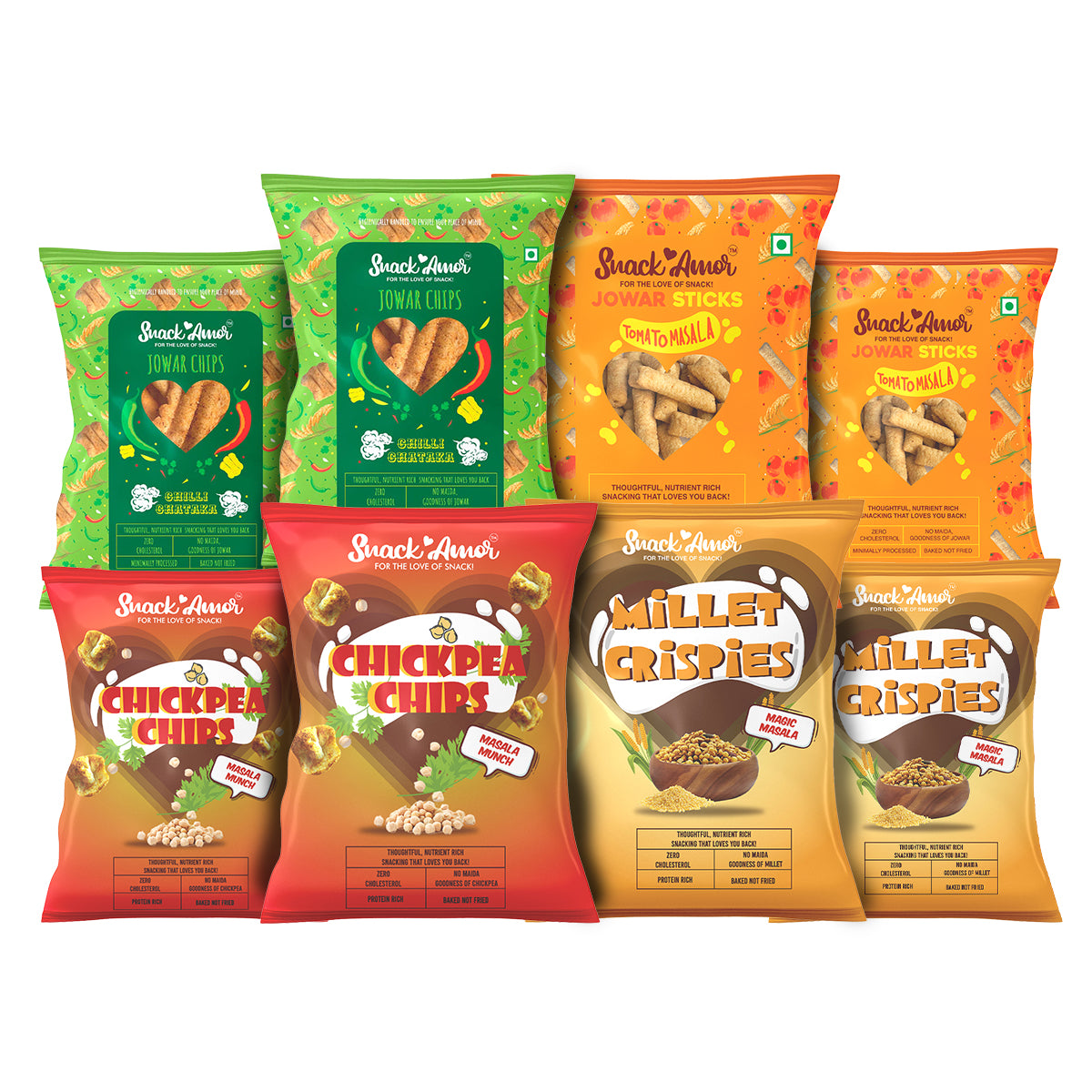 SnackAmor Chai time Combo pack of 8 - Jowar chips, Tomatostick, Millet Crispie, Chick pea Chips (pack of 2 each) - Snack Amor