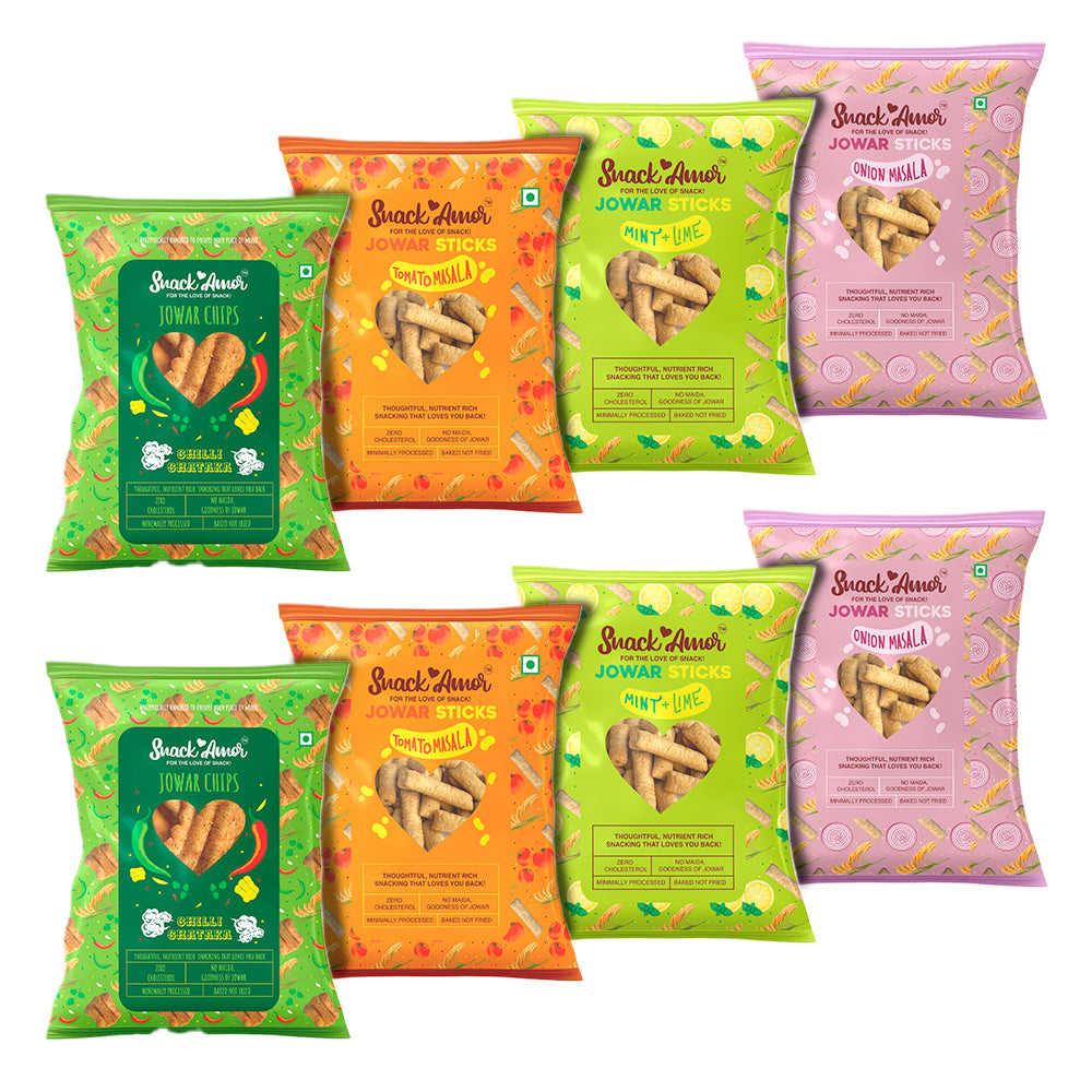 SnackAmor Pack of 8 Value Packs (20g each) | 3 Jowar Sticks & 1 Jowar Chips - Snack Amor