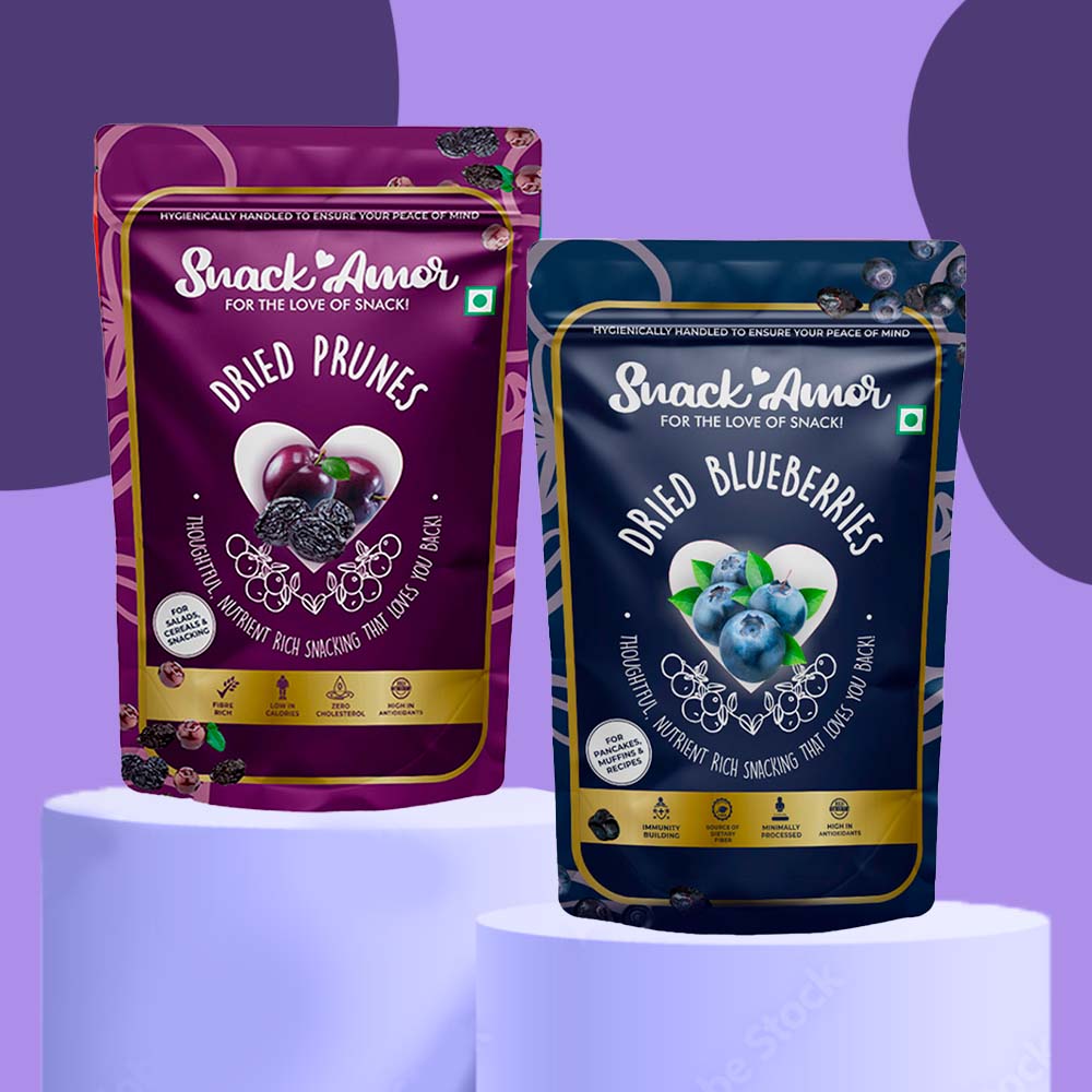 SnackAmor's Premium International Dried Prunes - 200g & Dried Blueberry 100g (Pack of 2) - Snack Amor