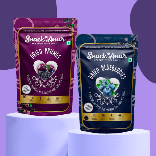 SnackAmor's Premium International Dried Prunes - 200g & Dried Blueberry 100g (Pack of 2) - Snack Amor