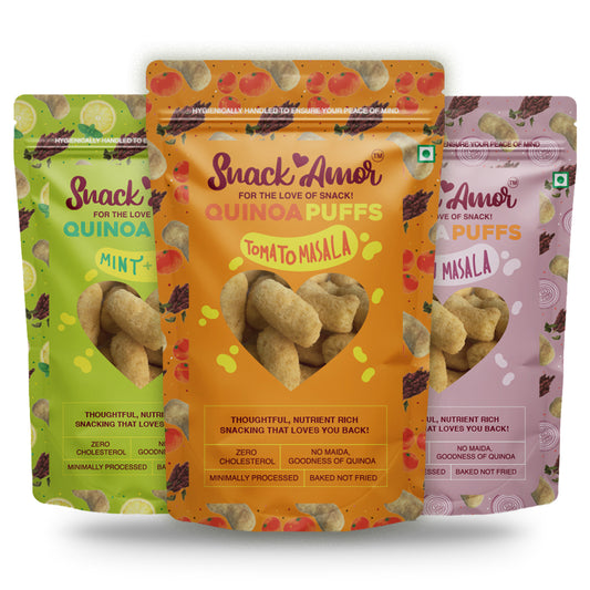 SnackAmor Quinoa Puffs Combo(Pack of 3x50gm)- Onion Masala | Tomato Masala | Mint and Lime - Snack Amor