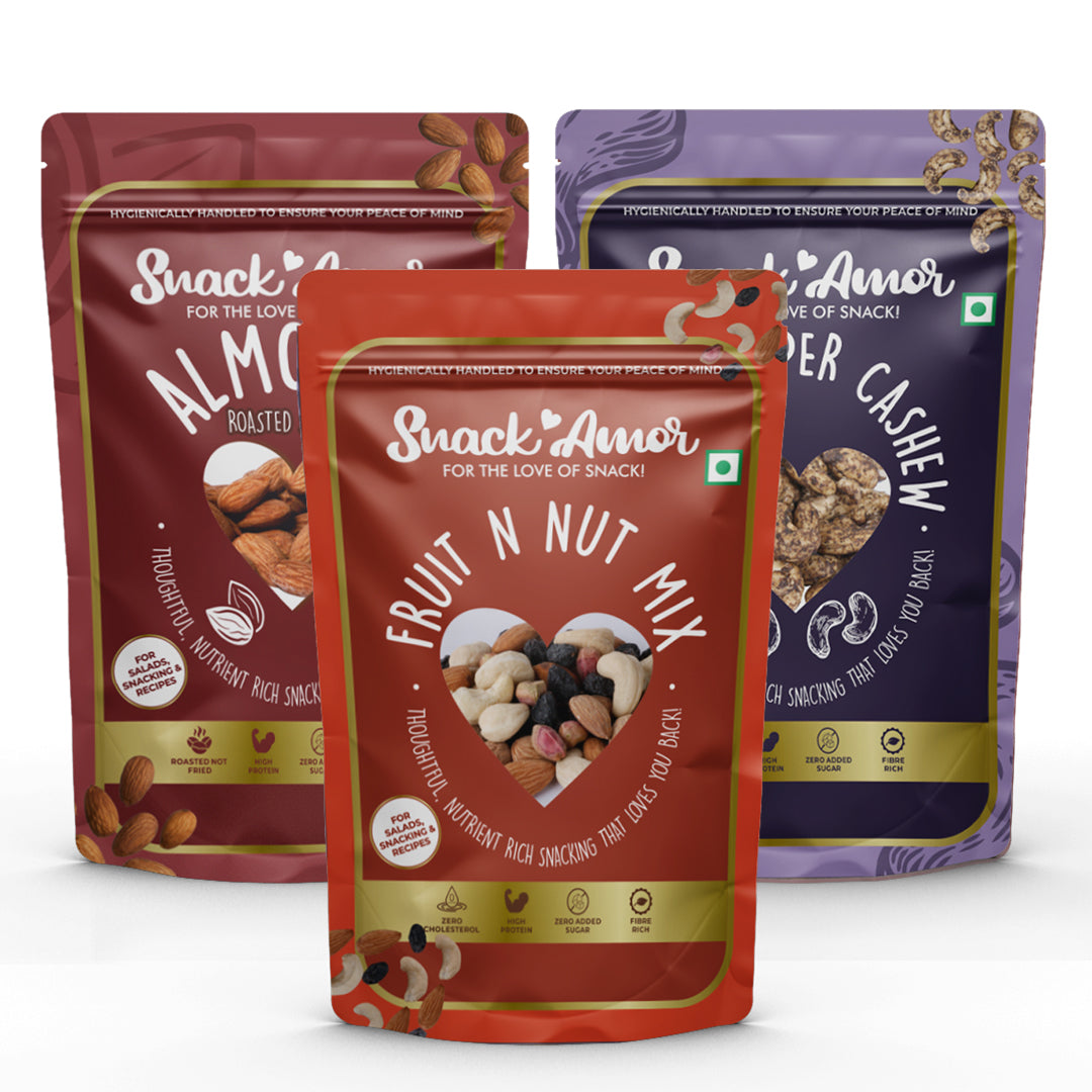 SnackAmor Combo Pack of Premium Black Pepper Cashew, Roasted Salted Almond and Fruit N Nut - 540Gram - Snack Amor