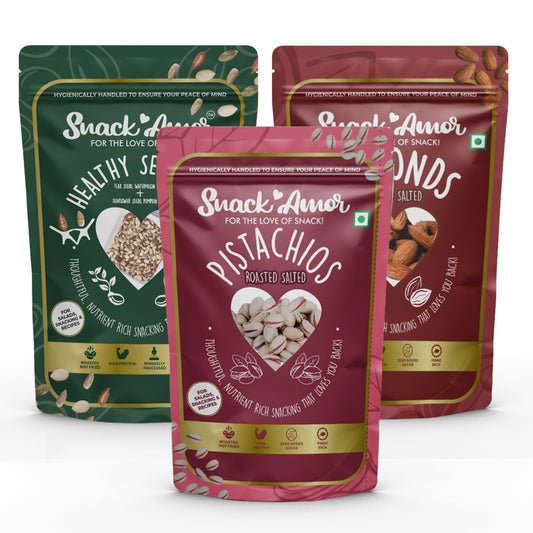 SnackAmor Combo Pack of Premium Roasted Salted Almond 170g, Healthy Seed Mix 175g and Roasted Salted Pistachio170g - Snack Amor