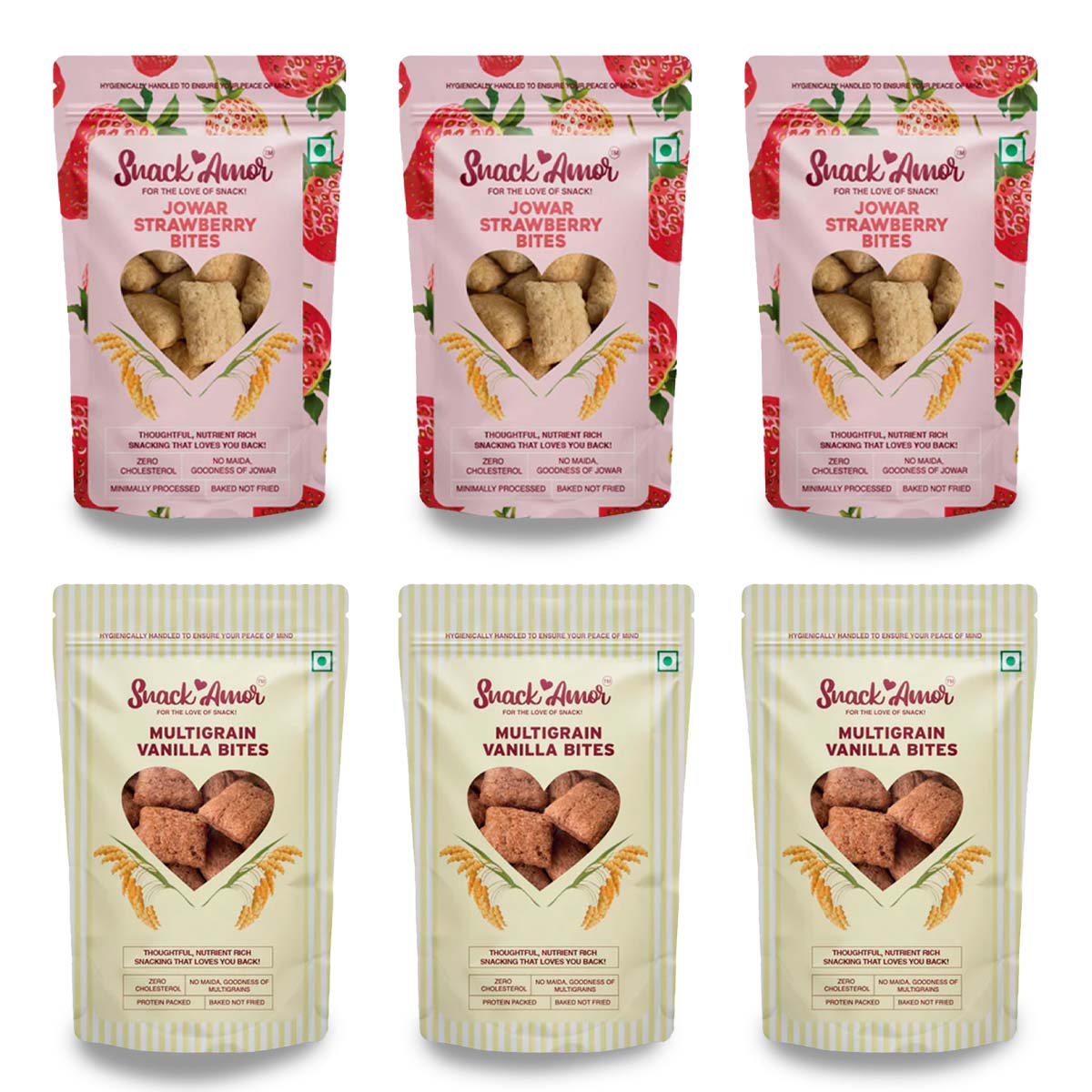 SnackAmor Multigrain Vanilla Bites & Jowar Strawberry Bites Combo Pack of 6 | High Protein | Healthy Snacks for Kids and Adults (Multigrain Vanilla Bites Pack of 3, Jowar Strawberry Bites Pack of 3) - Snack Amor