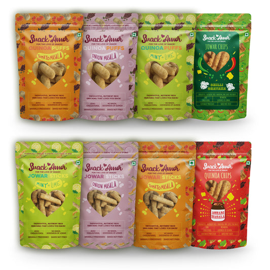 SnackAmor Party Snacks Pack of 8 - 500g - 3 Packs of Quinoa Puffs| 3 Packs of Jowar Sticks | Quinoa Chips | Jowar chips - Snack Amor