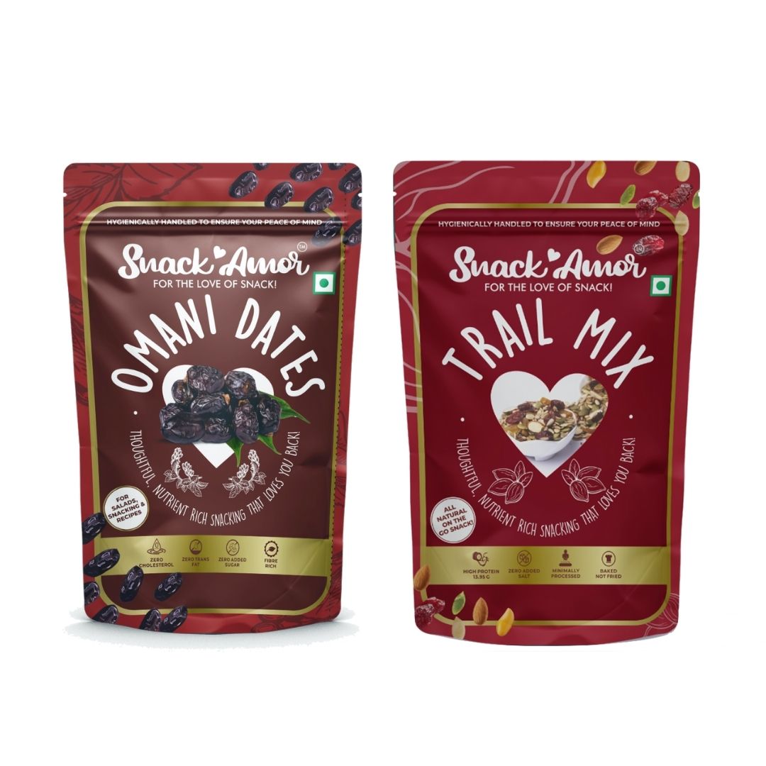 SnackAmor Combo Pack of Premium International Omani Dates (250g) and Trail Mix (175g) - Snack Amor