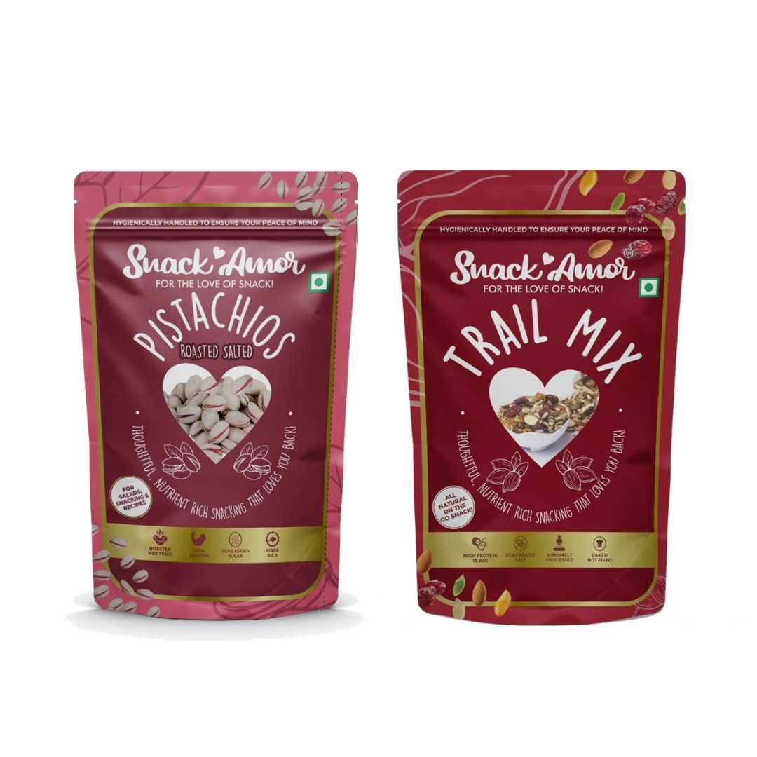 SnackAmor Combo Pack of Premium Roasted Salted Pistachio (170g) and Trail Mix (175g) - Snack Amor