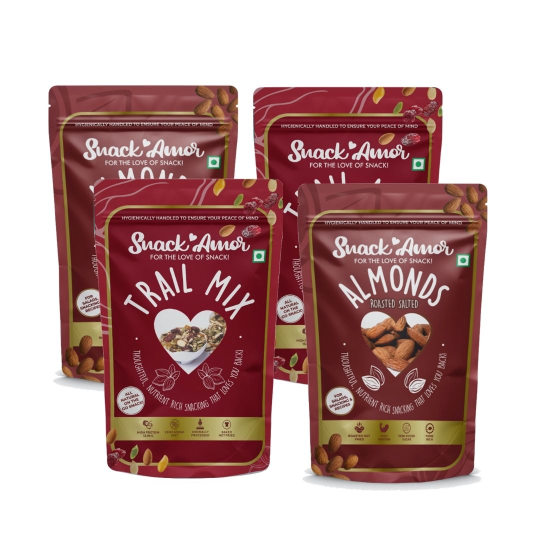 SnackAmor Combo Pack of Premium Roasted Salted Almond (2x170g) & Trail Mix (2x175g) - Pack of 4 - Snack Amor