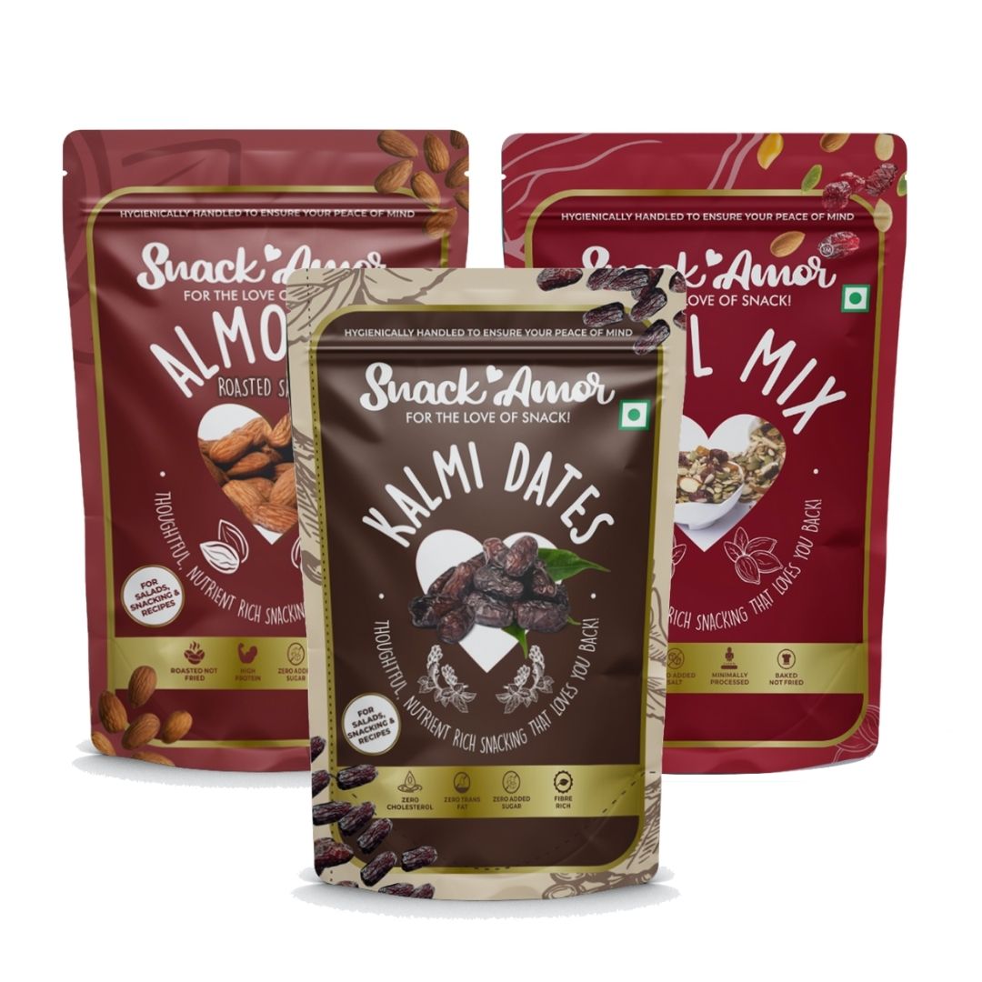 SnackAmor Combo Pack of Premium International Kalmi Dates 250g , Roasted Salted Almond 170g & Trail Mix 175g - Snack Amor