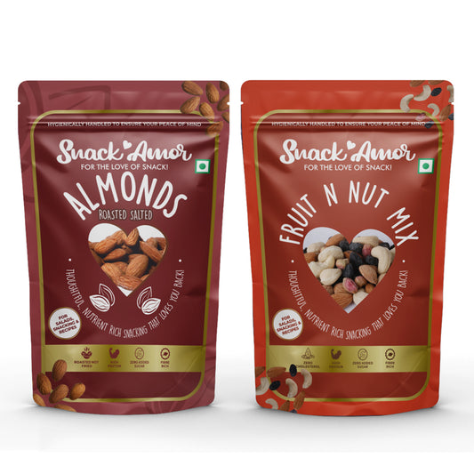 SnackAmor Combo Pack of Premium Roasted Salted Almond (170g) & Fruit N Nut Mix (200g) - Snack Amor